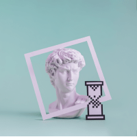 NFT Landing Page 13 grecian roman bust young man surrounded by tilted frame with hourglass digital symbol green Murat Mustafa Ciritçi Pixel hand