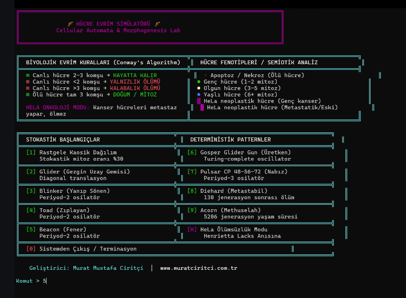 hucre2 Murat Mustafa Ciritçi A terminal-based biological simulation tool built on Conway's Game of Life algorithm. A visually rich, fully Python-developed interactive experience that brings together biology and programming.